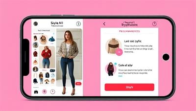 An interactive app display showing a user virtually trying on different outfits and accessories, receiving instant style feedback and personalized recommendations, highlighting the convenience and personalization of StyleAI Assist's fashion app.