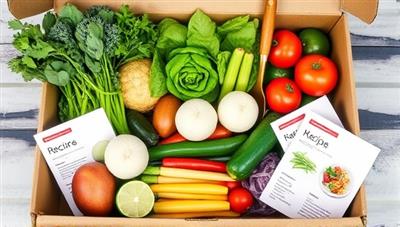 An array of vibrant, fresh ingredients neatly arranged in a meal prep kit box, alongside recipe cards and cooking utensils, creating an inviting and organized setup for nutritious meal preparation.