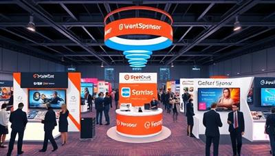 An illustration of a virtual event environment with branded sponsor booths, interactive engagement features, and virtual attendees interacting with sponsor content, highlighting the dynamic and immersive sponsorship opportunities available on EventSponse Hub's marketplace.