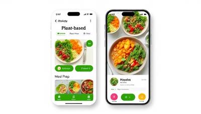 An aesthetically pleasing mobile app interface showcasing vibrant plant-based dishes, meal prep options, and a user-friendly design that encourages healthy eating habits and sustainability.
