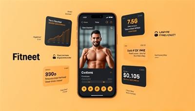 An engaging app interface mockup showcasing a user accessing a virtual workout session with a fitness coach, surrounded by fitness tracking data and motivational quotes, creating an immersive and interactive fitness experience.