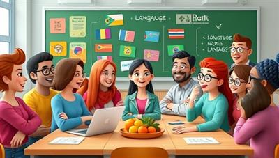 A vibrant and diverse digital classroom setting with avatars of users from different countries engaged in animated language conversations, showcasing a fun and interactive learning environment.