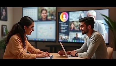 An inspiring virtual mentorship session with a mentor guiding a talented individual through a creative process, sharing insights and feedback in a supportive and interactive online environment, fostering growth and learning.