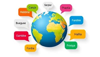 A colorful globe surrounded by speech bubbles in different languages, symbolizing diversity and communication across cultures within the Virtual Language Learning Club.