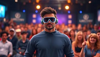 An engaging virtual influencer character with cutting-edge digital aesthetics, interacting with a diverse audience on a virtual stage, symbolizing the future of influencer marketing.