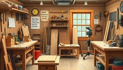 An artistic representation of a cozy workshop space with a variety of tools, woodworking projects in progress, safety gear, and inspirational quotes on creativity and craftsmanship, embodying a sense of hands-on learning and creative expression.