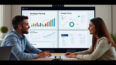 An engaging virtual CFO consulting session with a startup team, portrayed through a video call interface showcasing financial data analysis and strategic planning discussions, highlighting collaboration and expertise.