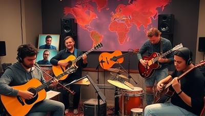 An inspiring virtual music collaboration scene with musicians from different backgrounds and locations playing instruments, singing, and composing music together in a digital space, showcasing the power of music to connect and unite people worldwide.