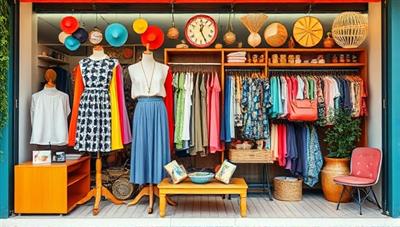 A vibrant collage of retro clothing items, accessories, and home decor pieces displayed creatively on a virtual storefront, exuding a nostalgic and trendy vibe.
