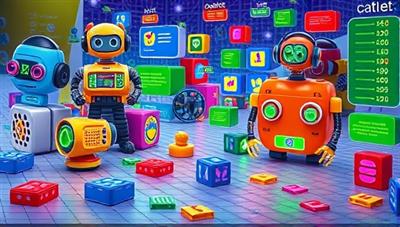 An imaginative digital playground filled with colorful code blocks, robots, and young avatars engaged in coding activities, creating a playful and interactive coding environment for kids to explore and learn in a virtual setting.