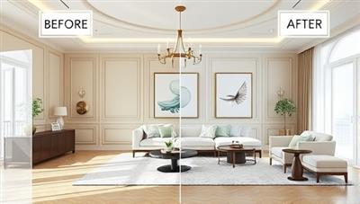An elegant and modern virtual room design concept with a before-and-after visual representation, showcasing the transformative power of virtual interior design consultations.