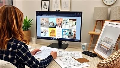 A virtual interior design consultation session in progress, with a designer sharing a digital mood board on a screen, surrounded by fabric swatches, paint samples, and design sketches, creating a visually appealing and collaborative design experience.