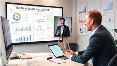 A virtual coaching setup with a professional coach on a video call with a small business owner, discussing financial strategies on a digital whiteboard, surrounded by business charts and graphs, illustrating a collaborative and effective remote coaching session for business financial improvement.