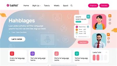 An engaging online platform interface showcasing colorful language lessons, interactive quizzes, and virtual tutors, creating a vibrant and immersive language learning environment.