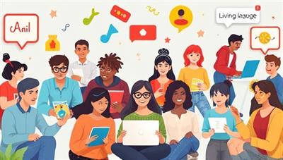 An engaging digital illustration depicting a diverse group of individuals learning languages online through interactive games, live sessions with tutors, and virtual cultural experiences, showcasing the platform's dynamic and immersive language learning environment.