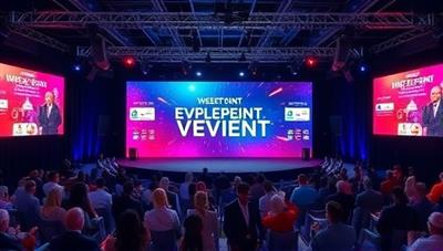 An immersive virtual event setup showcasing a digital stage, interactive audience engagement tools, and a dynamic event program, creating a visually captivating experience that mirrors a real-world event environment.