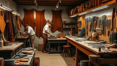 A rustic leather workshop filled with tools, leather hides, and artisans handcrafting leather accessories, showcasing the artistry and precision of traditional leatherworking techniques in a cozy atelier setting.