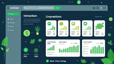 A visually appealing illustration of the GreenGain Investments platform interface showcasing diverse sustainable investment options, eco-friendly icons, and real-time impact metrics, conveying a sense of purposeful investing and positive change.