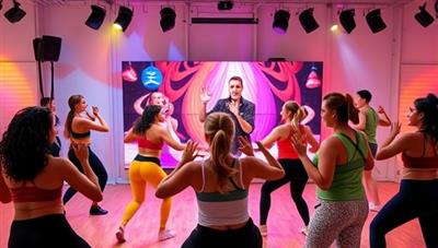 An energetic online dance fitness class scene with a diverse group of participants following an instructor's choreography on screen, set against a dynamic background with vibrant colors and upbeat music, creating a lively and motivating atmosphere.