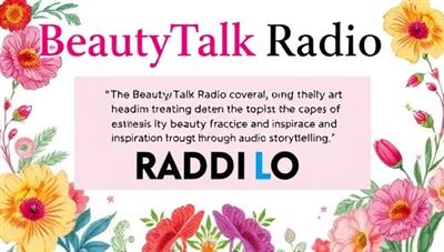 An artistic podcast cover design featuring vibrant beauty-themed illustrations and text, representing the diverse topics covered in the BeautyTalk Radio network, capturing the essence of beauty knowledge and inspiration through audio storytelling.