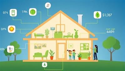 An illustration of a smart home with various connected devices controlled by the energy management system, showing reduced energy consumption and cost savings, alongside a happy family enjoying sustainable living.