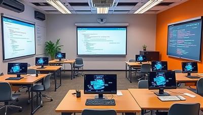 An interactive digital classroom environment with coding terminals, virtual whiteboards, and collaborative coding projects displayed on screens, illustrating a vibrant and engaging space for coding learners to immerse themselves in a virtual coding bootcamp experience.
