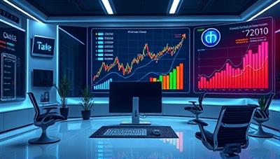 A futuristic office setup with a sleek AI interface displaying colorful financial charts and graphs, symbolizing cutting-edge technology and data-driven decision-making.