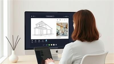 A virtual design consultation session in progress, with a professional architect sharing design sketches and 3D renderings with a client on a digital screen, symbolizing the convenience and creativity of online architectural consultations.