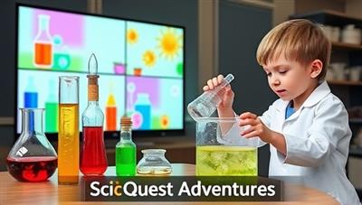A virtual science lab setup with colorful beakers, test tubes, and bubbling experiments displayed on screen, accompanied by a child scientist in a lab coat conducting a hands-on experiment, symbolizing the wonder and excitement of scientific discovery in SciQuest Adventures.