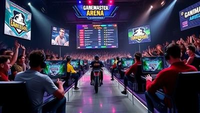 An action-packed image of gamers competing in a virtual arena, with spectators cheering in the background and a scoreboard displaying the tournament standings, capturing the intensity and excitement of GameMaster Arena tournaments.