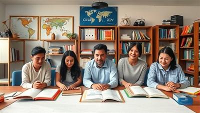 An online language class setting with a diverse group of students engaging in a virtual lesson, surrounded by language textbooks, cultural artifacts, and a world map, reflecting the interactive and immersive language learning experience offered by GlobeSpeak Academy.