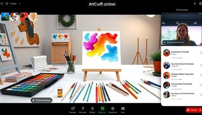 An artistic workspace with a colorful palette, paintbrushes, and a canvas, displayed on a digital screen during a virtual art class, with an instructor guiding participants through a creative painting session, illustrating the immersive and interactive nature of ArtCraft Online.