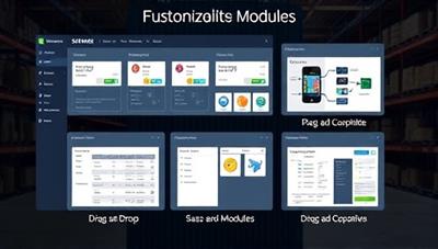 A digital representation of a warehouse management software interface with customizable modules and drag-and-drop features, showcasing the flexibility and adaptability of the platform for different warehouse operations, conveying a sense of efficiency and customization.