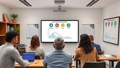 An online learning environment depicting a virtual classroom setting with diverse students engaging in real estate investment discussions, surrounded by digital whiteboards and educational resources, symbolizing knowledge sharing and wealth-building opportunities.