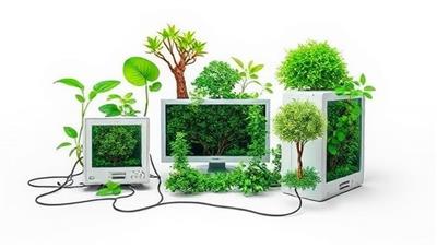 An artistic representation of electronic devices being transformed into vibrant green plants and trees, symbolizing the concept of tech recycling and environmental sustainability, with a focus on nature-friendly technology solutions.