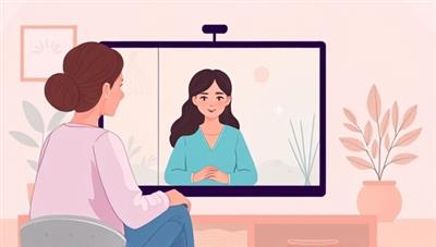 An emotional illustration of a virtual therapy session, featuring a counselor providing support to a client through a screen, calming mindfulness visuals, and soothing colors representing the compassionate and healing environment of MindfulRx Care mental wellness subscription therapy service.