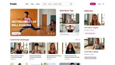 A digital platform interface showcasing workout videos, nutrition tips, and community challenges, with diverse individuals participating in virtual fitness classes and tracking their progress, promoting a holistic approach to fitness education.