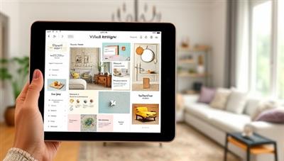 A virtual interior designer presenting a digital mood board filled with color palettes, furniture selections, and decor ideas, displayed on a tablet, with a cozy room setting in the background, creating a sense of design transformation.