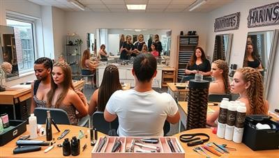 A dynamic virtual hairstyling classroom setup with a professional stylist demonstrating intricate hair braiding and styling techniques on a diverse range of models, surrounded by a variety of hair tools, accessories, and styling products, inspiring participants to unleash their creativity and master new hair skills.