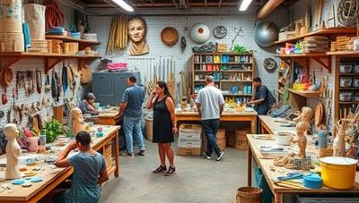 A bustling craft studio filled with colorful materials, tools, and creative individuals sculpting, painting, and assembling intricate movie props, exuding a vibrant and collaborative atmosphere of artistic expression and hands-on creativity.
