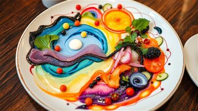 A beautifully plated dish resembling a vibrant and intricate painting, showcasing a fusion of colors, textures, and ingredients arranged in an artistic and visually appealing manner.