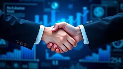 An engaging visual depicting a virtual handshake between a small business owner and an investor on a digital platform, symbolizing trust, collaboration, and mutual benefit in peer-to-peer lending, with financial charts and icons in the background showcasing growth and opportunity.