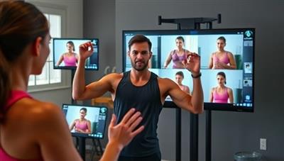 An energetic fitness coach leading a virtual workout session with clients visible on screens, showcasing a dynamic and interactive online fitness experience.