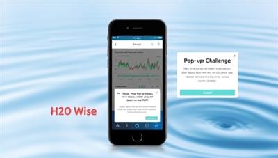 A smartphone displaying the H2O Wise app interface with colorful graphs showing water usage trends, a leak detection notification, and a pop-up challenge encouraging users to reduce their water consumption, set against a backdrop of a serene water conservation theme.