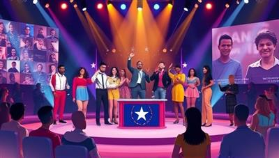 An artistic digital illustration of a diverse group of performers showcasing their talents on a virtual stage, with judges providing feedback and audience reactions visible in a virtual chat, creating a dynamic and engaging online talent show experience.