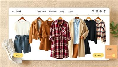An online platform interface displaying a variety of stylish clothing items available for swapping, surrounded by eco-friendly branding elements and earthy tones, embodying a trendy and sustainable fashion concept.