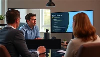 An online video call scene with a coach conducting a mock interview with a client, providing feedback and tips on a split-screen interface, demonstrating the interactive and personalized nature of the remote interview coaching service offered by InterviewPro.