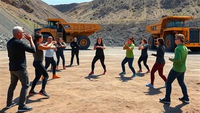 An outdoor fitness session at a mining site, with employees engaging in group exercises led by MineFit trainers, surrounded by nature and mining equipment, promoting a healthy and active lifestyle in the mining industry through MineFit Wellness Solutions.