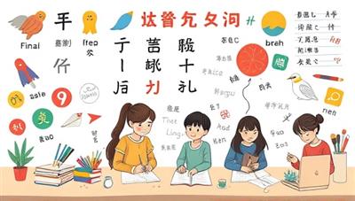 An educational illustration featuring diverse language symbols and writing tools, with multilingual learners engaging in writing exercises and language practice, highlighting the immersive and interactive nature of the language-specific writing courses offered by WriteLingo Courses.
