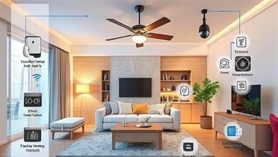 An integrated smart home setup featuring voice-activated controls, automated lighting, security cameras, and energy monitoring systems, illustrating a modern and connected living environment enabled by smart home technology.